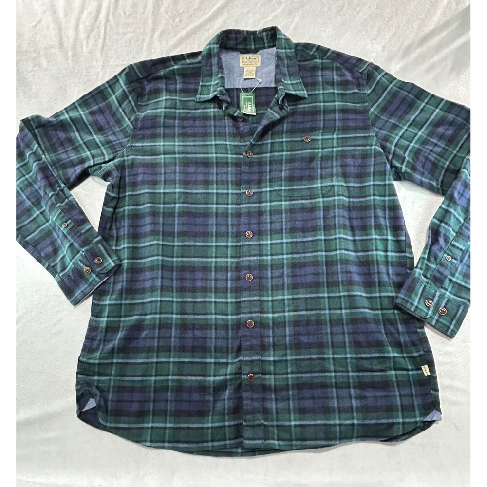 LL Bean Mens Flannel Shirt L Tall Green Navy Plaid Traditional Fit Cotton Blend